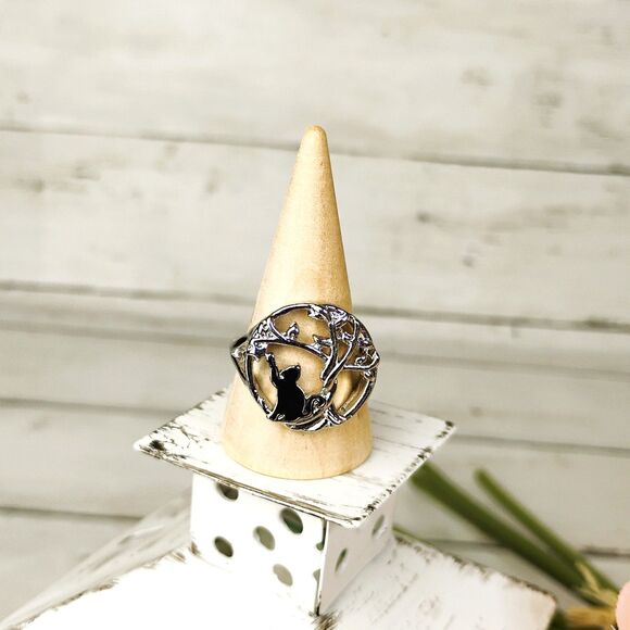 NEW Black Cat w/Tree Silver Tone Ring Size 9.5 Kitty Cute Fun - Picture 1 of 4